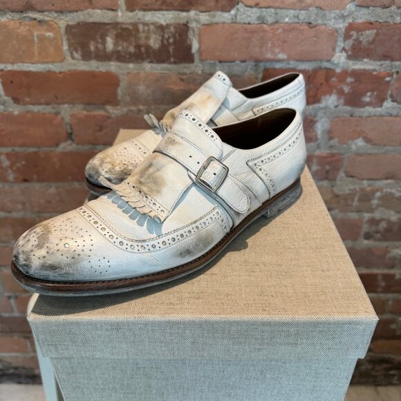 Church's Monk Strap Kiltie Wingtip Brogue Shoes – Distressed White Leather - Picture 1 of 6